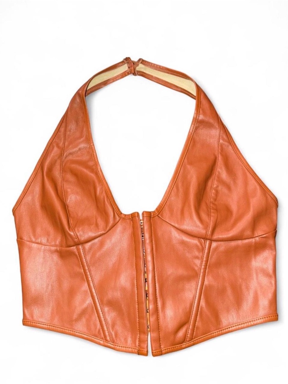 Fashion Nova Cognac Faux Leather Halter Corset Top